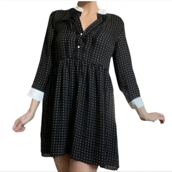 Zara Women's Collared Pearl Black & White Polka Dot Babydoll Dress - Picture 1 of 6